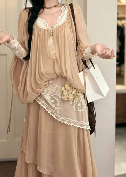 Women Apricot Drawstring Wrinkled Shirt Top Batwing Sleeve