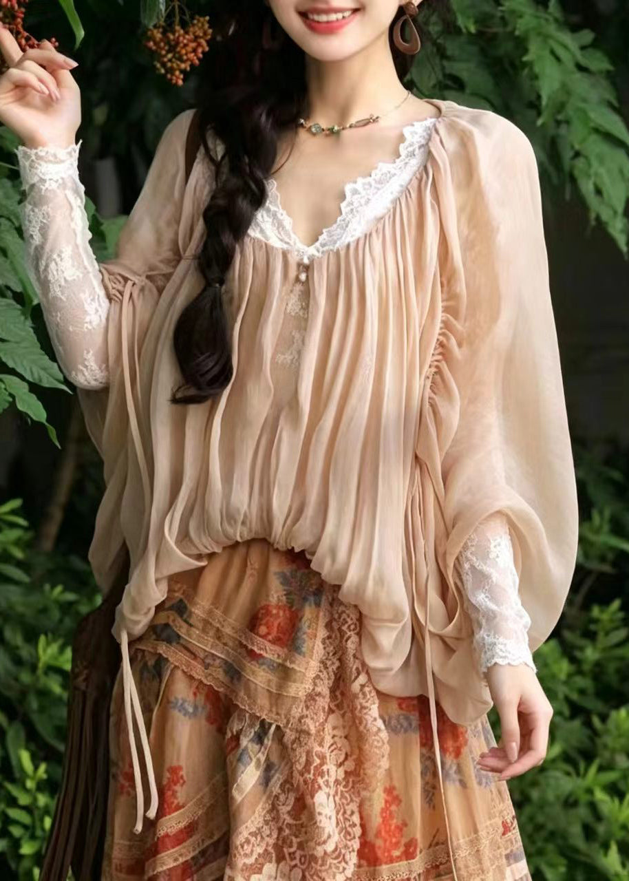 Women Apricot Drawstring Wrinkled Shirt Top Batwing Sleeve