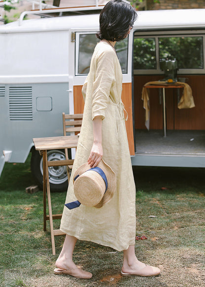 Women Apricot Embroidered Tie Waist Linen Dress Summer