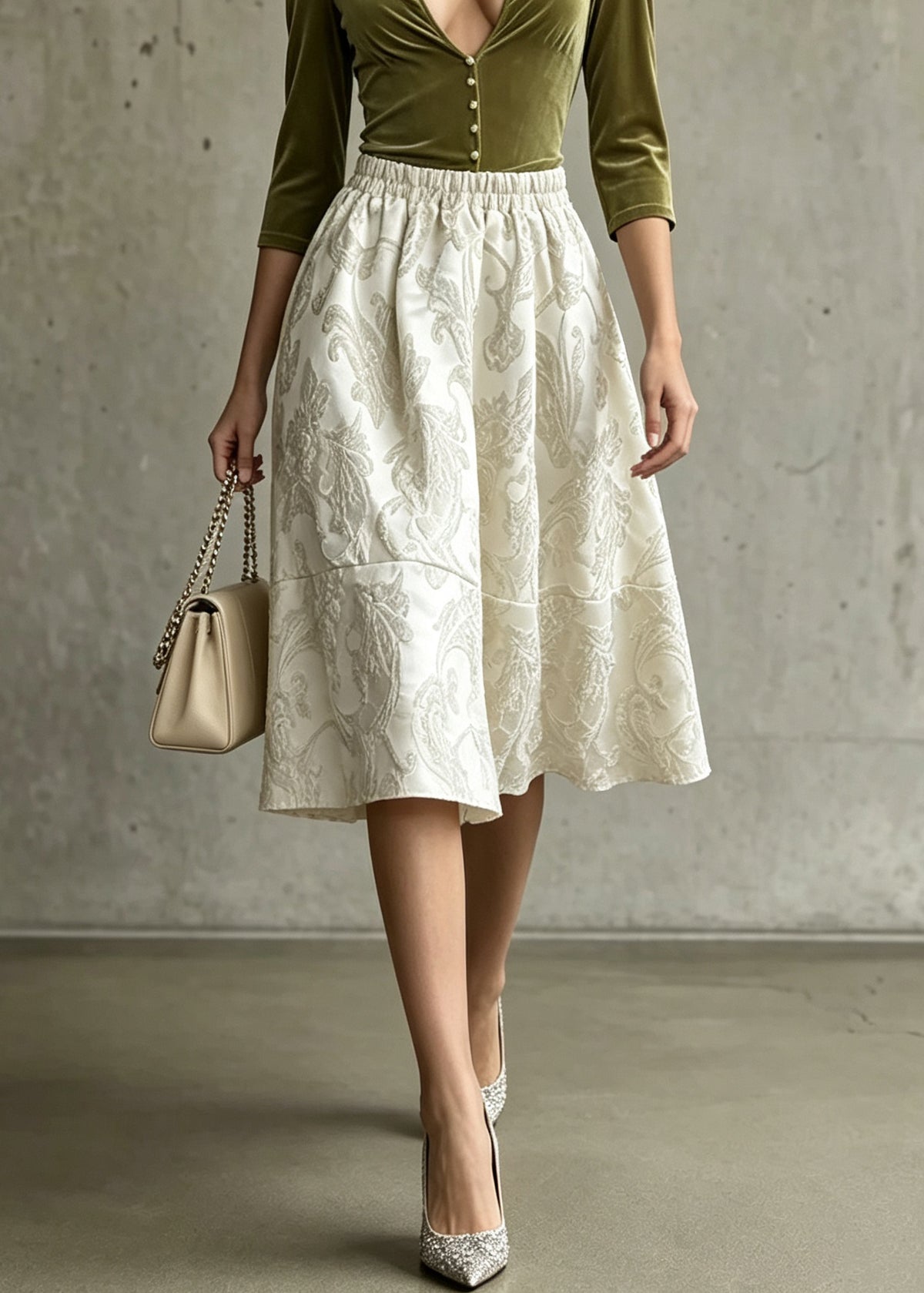 Women Apricot Jacquard Elastic Waist Patchwork Cotton Skirts F