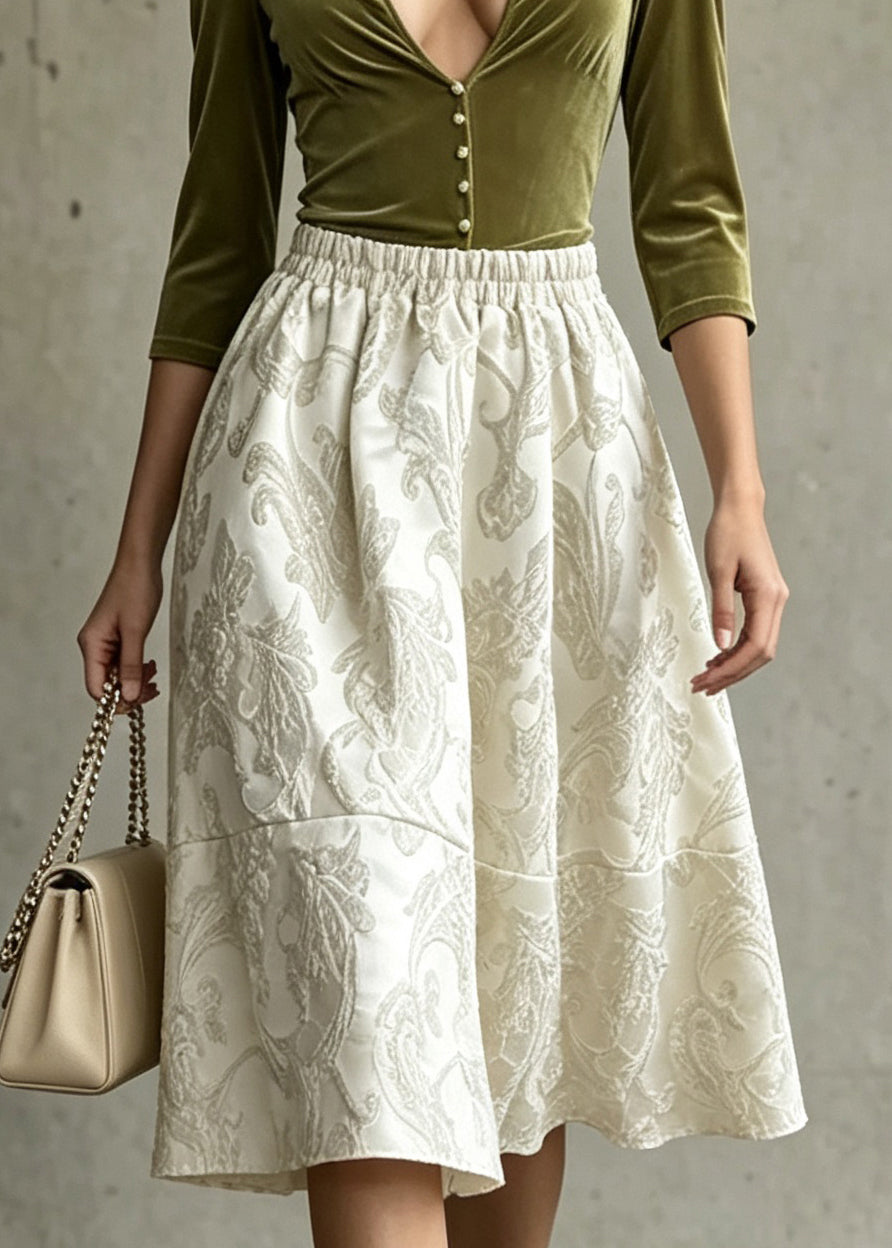 Women Apricot Jacquard Elastic Waist Patchwork Cotton Skirts F