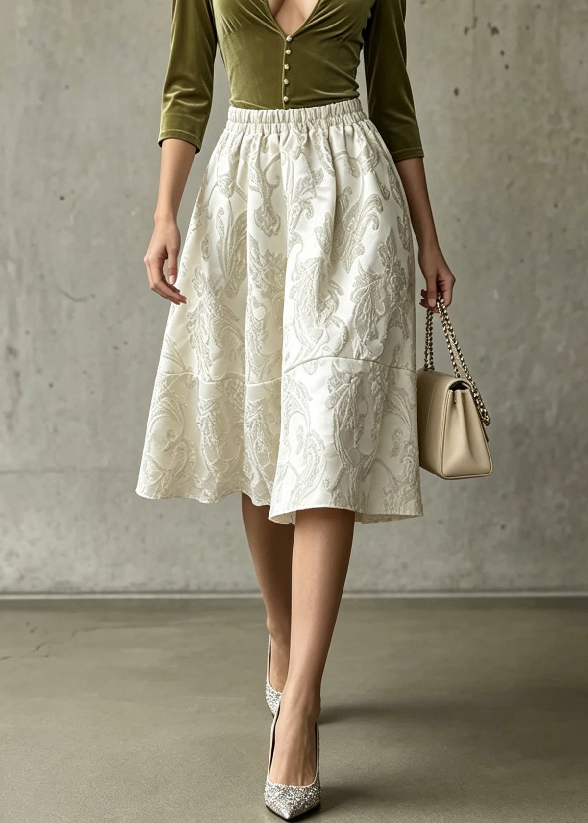 Women Apricot Jacquard Elastic Waist Patchwork Cotton Skirts F