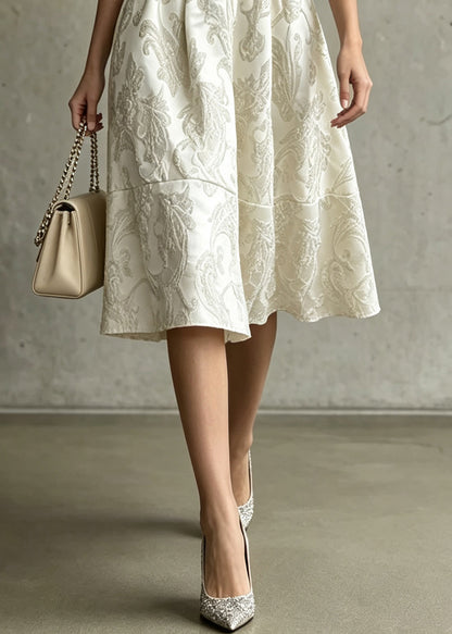 Women Apricot Jacquard Elastic Waist Patchwork Cotton Skirts F