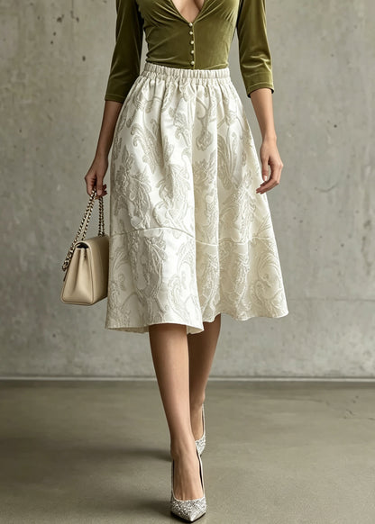 Women Apricot Jacquard Elastic Waist Patchwork Cotton Skirts F