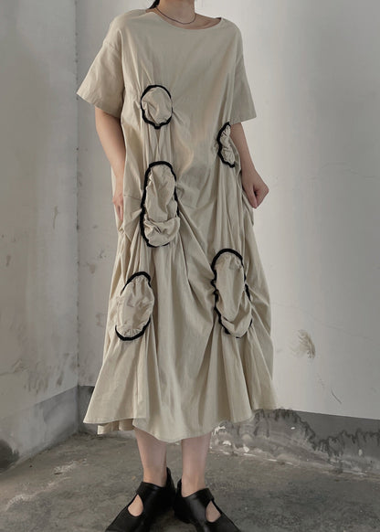Women Apricot O Neck Wrinkled Patchwork Cotton Long Dresses Summer