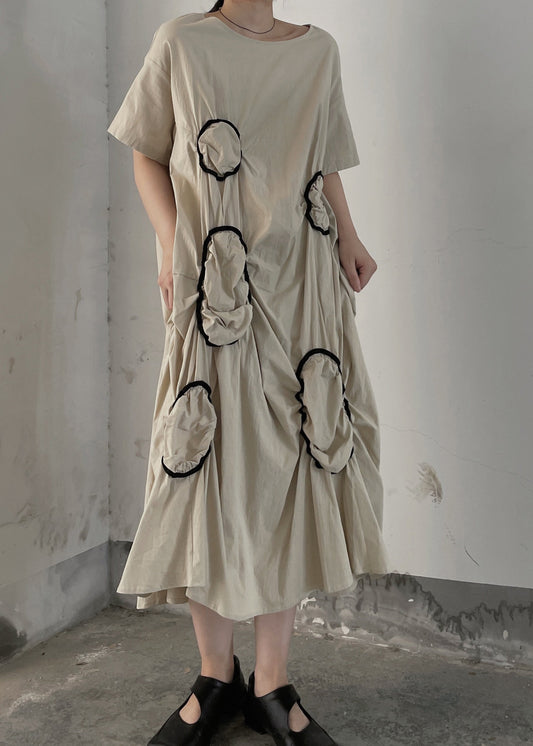 Women Apricot O Neck Wrinkled Patchwork Cotton Long Dresses Summer