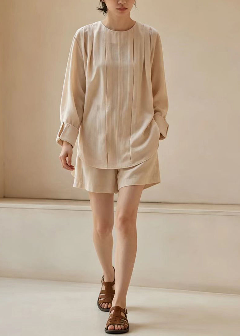 Women Apricot O-Neck Wrinkled Two Pieces Set Long Sleeve
