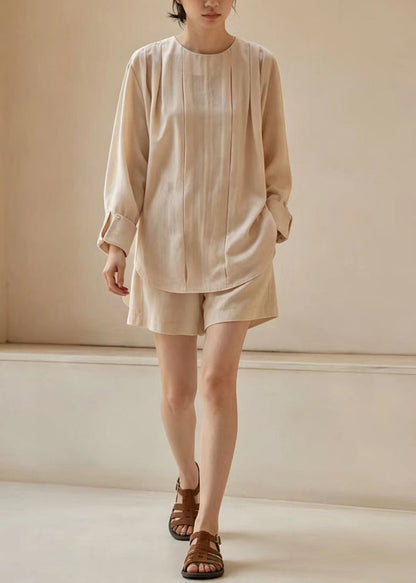 Women Apricot O-Neck Wrinkled Two Pieces Set Long Sleeve