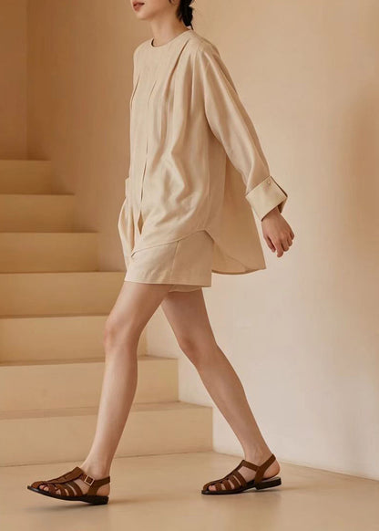 Women Apricot O-Neck Wrinkled Two Pieces Set Long Sleeve