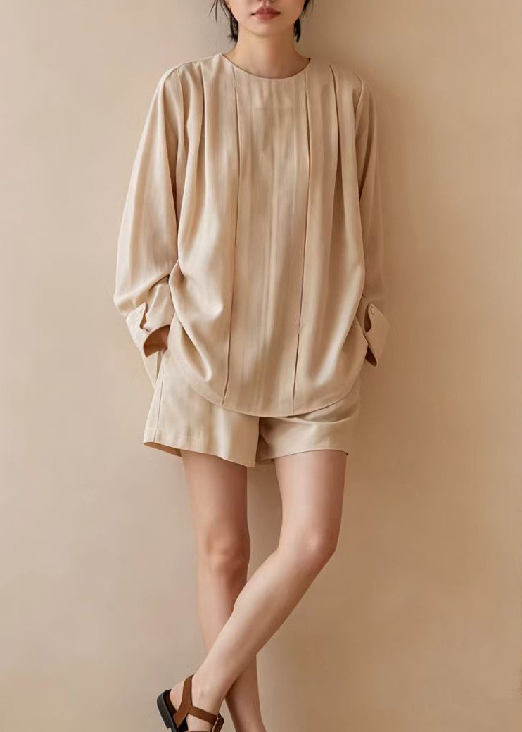 Women Apricot O-Neck Wrinkled Two Pieces Set Long Sleeve