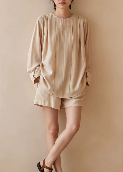 Women Apricot O-Neck Wrinkled Two Pieces Set Long Sleeve