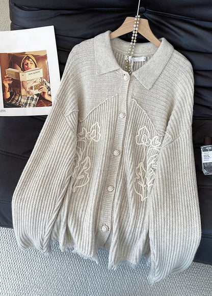 Women Apricot Peter Pan Collar Button Cozy Knit Coat Fall