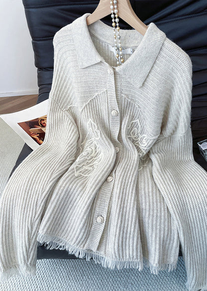 Women Apricot Peter Pan Collar Button Cozy Knit Coat Fall