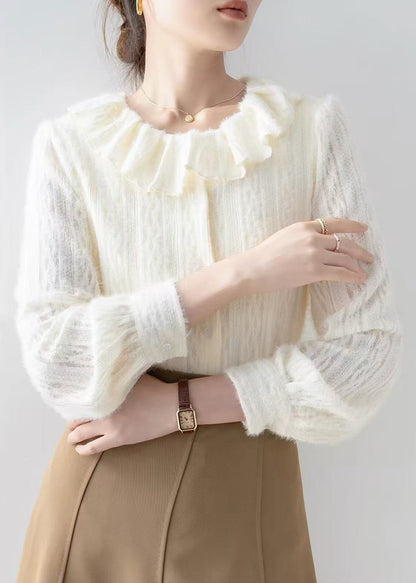 Women Apricot Peter Pan Collar Lace Warm Fleece Shirts Fall