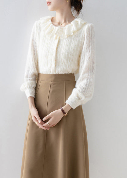 Women Apricot Peter Pan Collar Lace Warm Fleece Shirts Fall