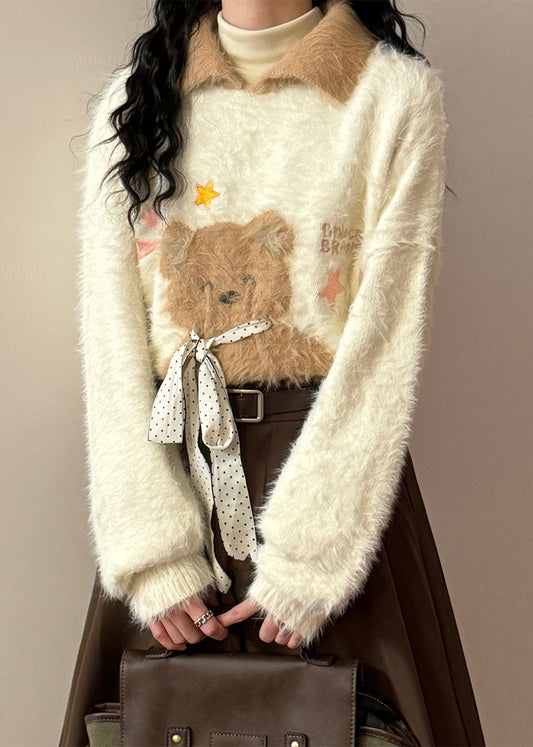 Women Apricot Peter Pan Collar Little Bear Bow Mink Hair Knitted Sweaters Winter