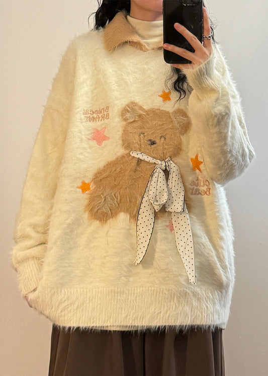 Women Apricot Peter Pan Collar Little Bear Bow Mink Hair Knitted Sweaters Winter