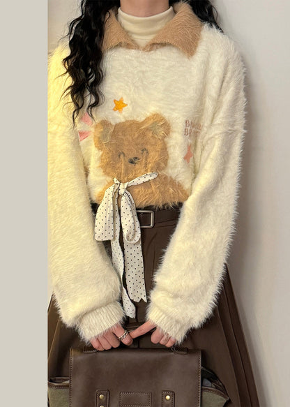 Women Apricot Peter Pan Collar Little Bear Bow Mink Hair Knitted Sweaters Winter