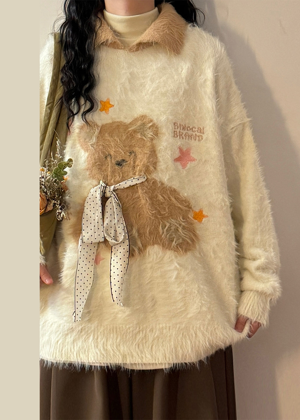Women Apricot Peter Pan Collar Little Bear Bow Mink Hair Knitted Sweaters Winter