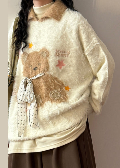 Women Apricot Peter Pan Collar Little Bear Bow Mink Hair Knitted Sweaters Winter