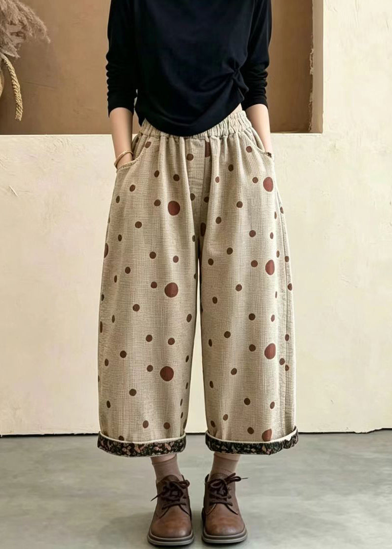 Women Apricot Polka Dot Print Pockets Cuffed Corduroy Crop Pants Fall