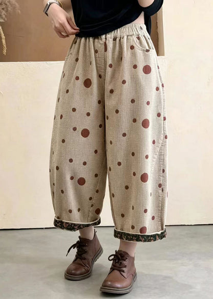 Women Apricot Polka Dot Print Pockets Cuffed Corduroy Crop Pants Fall
