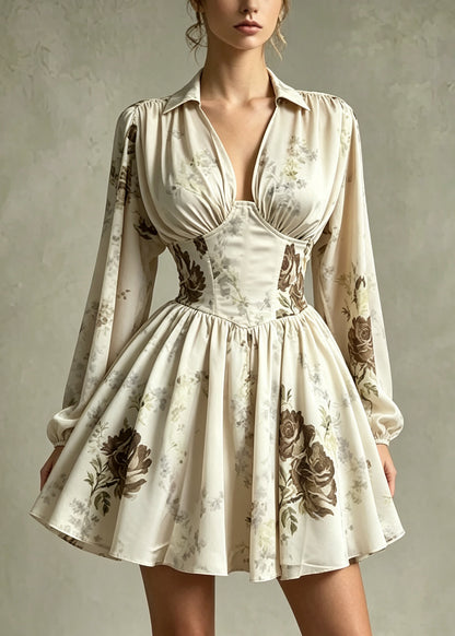 Women Apricot Print Chiffon Work Dress Summer