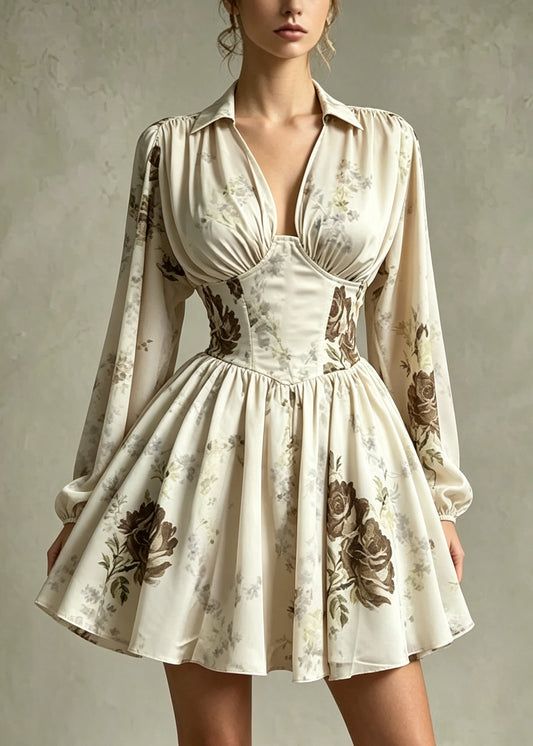 Women Apricot Print Chiffon Work Dress Summer
