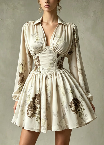 Women Apricot Print Chiffon Work Dress Summer