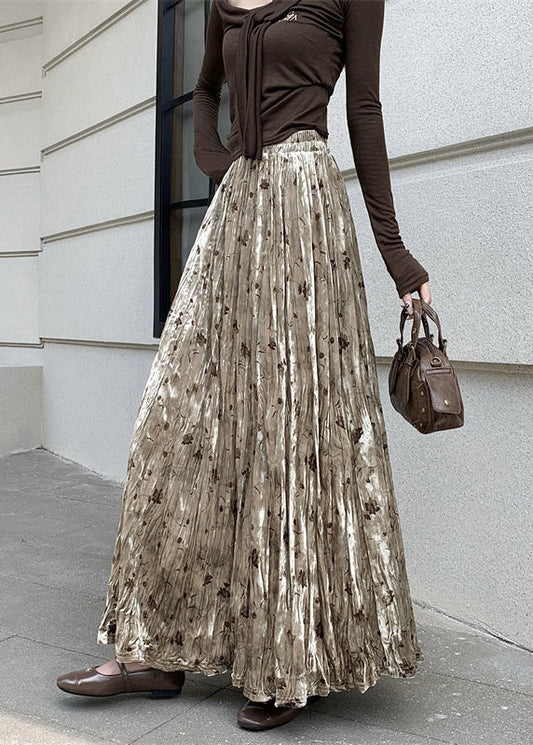 Women Apricot Print Draping Silk Velvet Skirts Spring