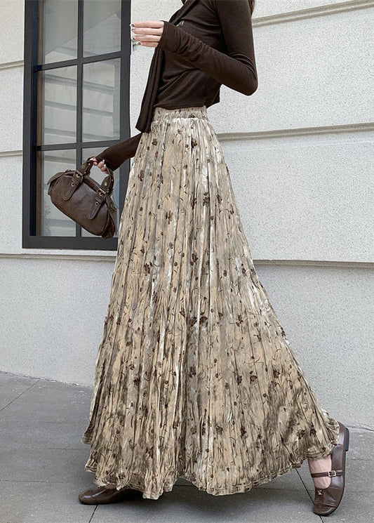Women Apricot Print Draping Silk Velvet Skirts Spring