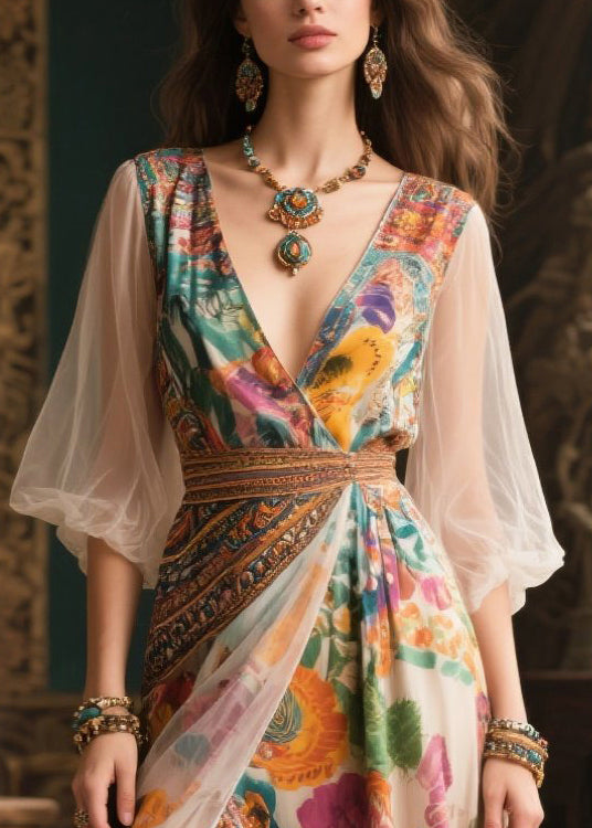 Women Apricot Print Exra Large Hem Chiffon Party Dress Summer
