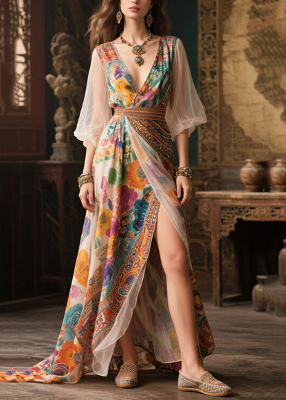 Women Apricot Print Exra Large Hem Chiffon Party Dress Summer