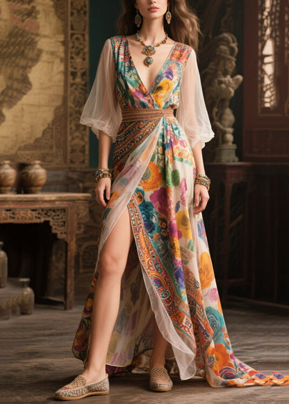 Women Apricot Print Exra Large Hem Chiffon Party Dress Summer