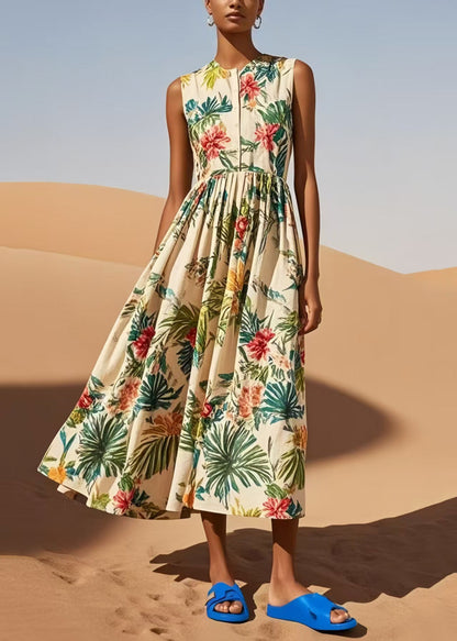 Women Apricot Print Exra Large Hem Cotton Robe Dresses Sleeveless