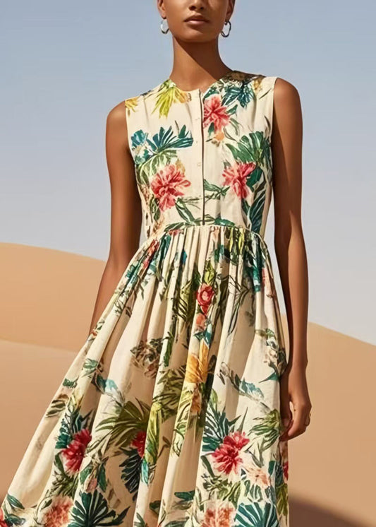 Women Apricot Print Exra Large Hem Cotton Robe Dresses Sleeveless