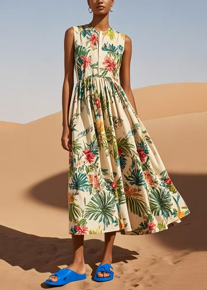 Women Apricot Print Exra Large Hem Cotton Robe Dresses Sleeveless