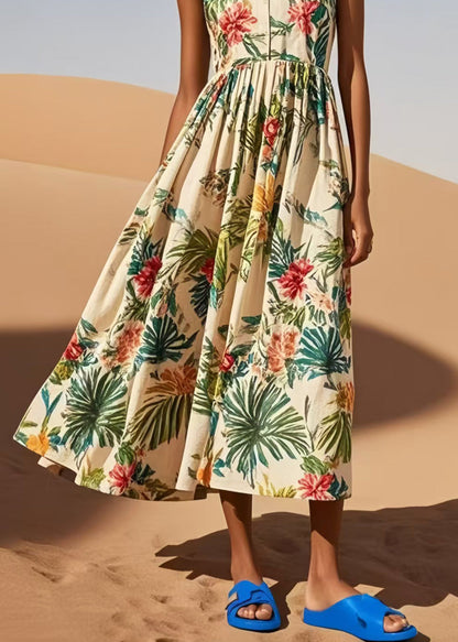 Women Apricot Print Exra Large Hem Cotton Robe Dresses Sleeveless