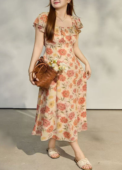 Women Apricot Ruffled Print Chiffon Robe Dresses Summer