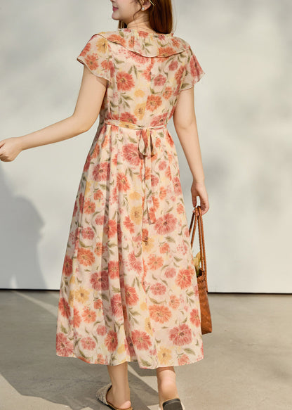 Women Apricot Ruffled Print Chiffon Robe Dresses Summer