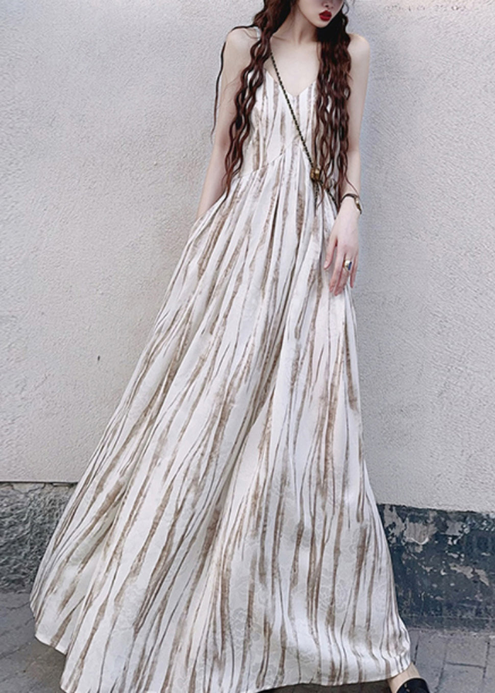 Women Apricot Striped Exra Large Hem Cotton Vacation Dresses Summer