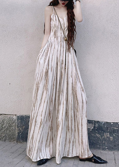 Women Apricot Striped Exra Large Hem Cotton Vacation Dresses Summer