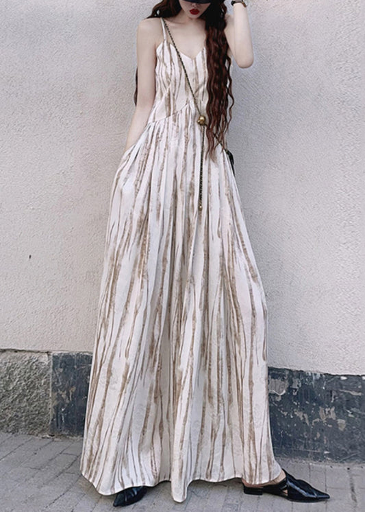 Women Apricot Striped Exra Large Hem Cotton Vacation Dresses Summer