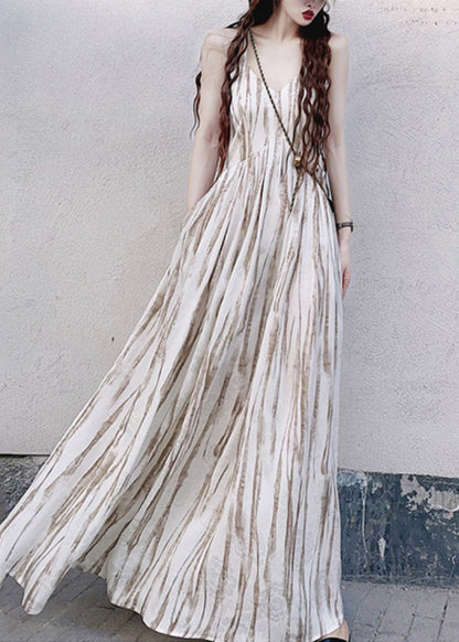 Women Apricot Striped Exra Large Hem Cotton Vacation Dresses Summer