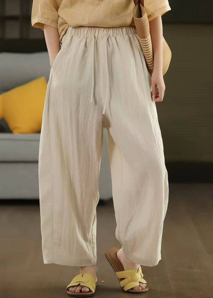 Women Apricot Tie Waist Pockets Solid Crop Pants Fall