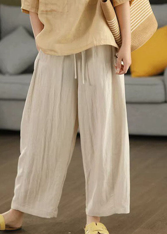 Women Apricot Tie Waist Pockets Solid Crop Pants Fall