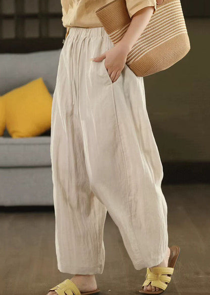 Women Apricot Tie Waist Pockets Solid Crop Pants Fall