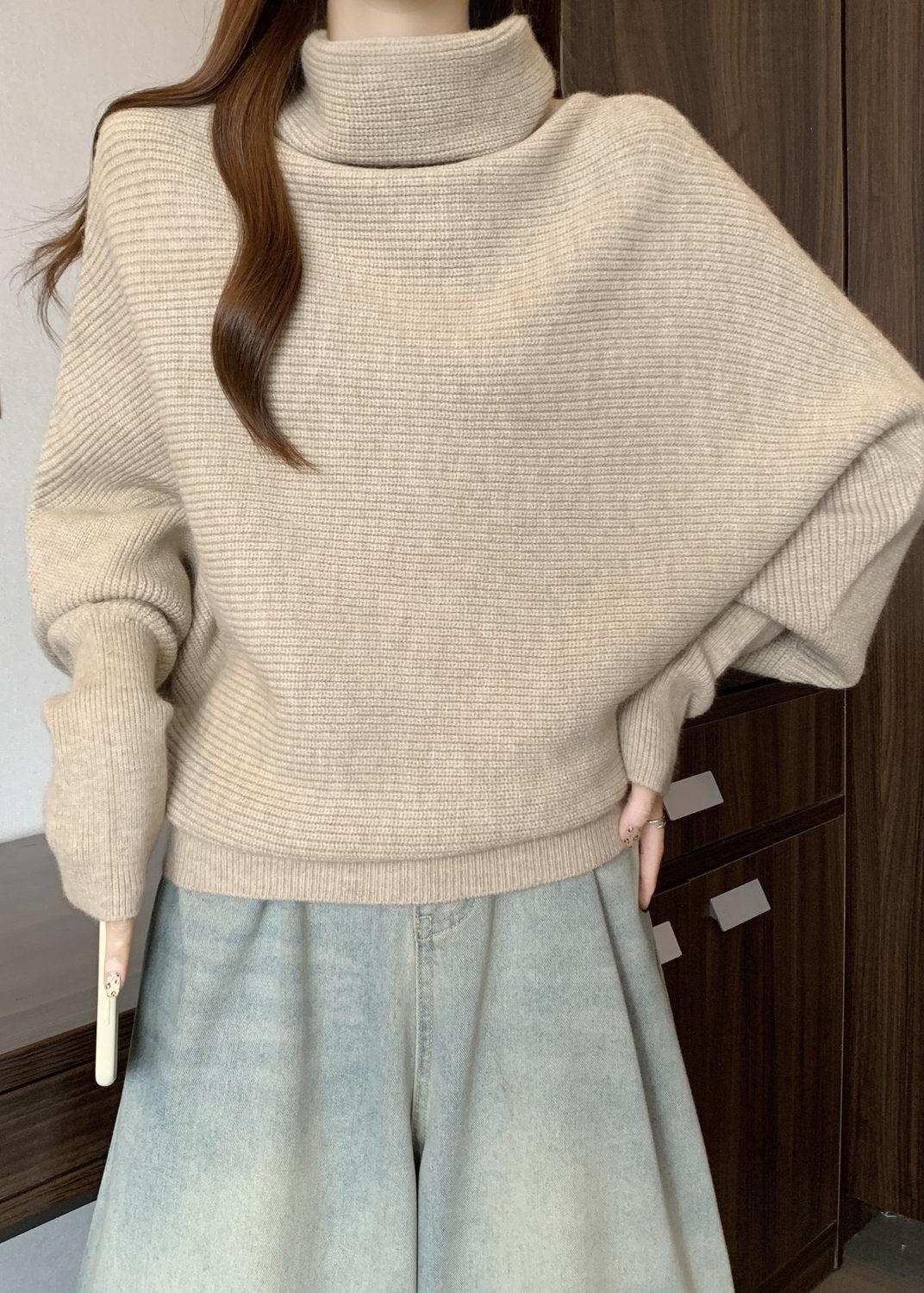 Women Apricot Turtleneck Thick Knit Sweater Winter