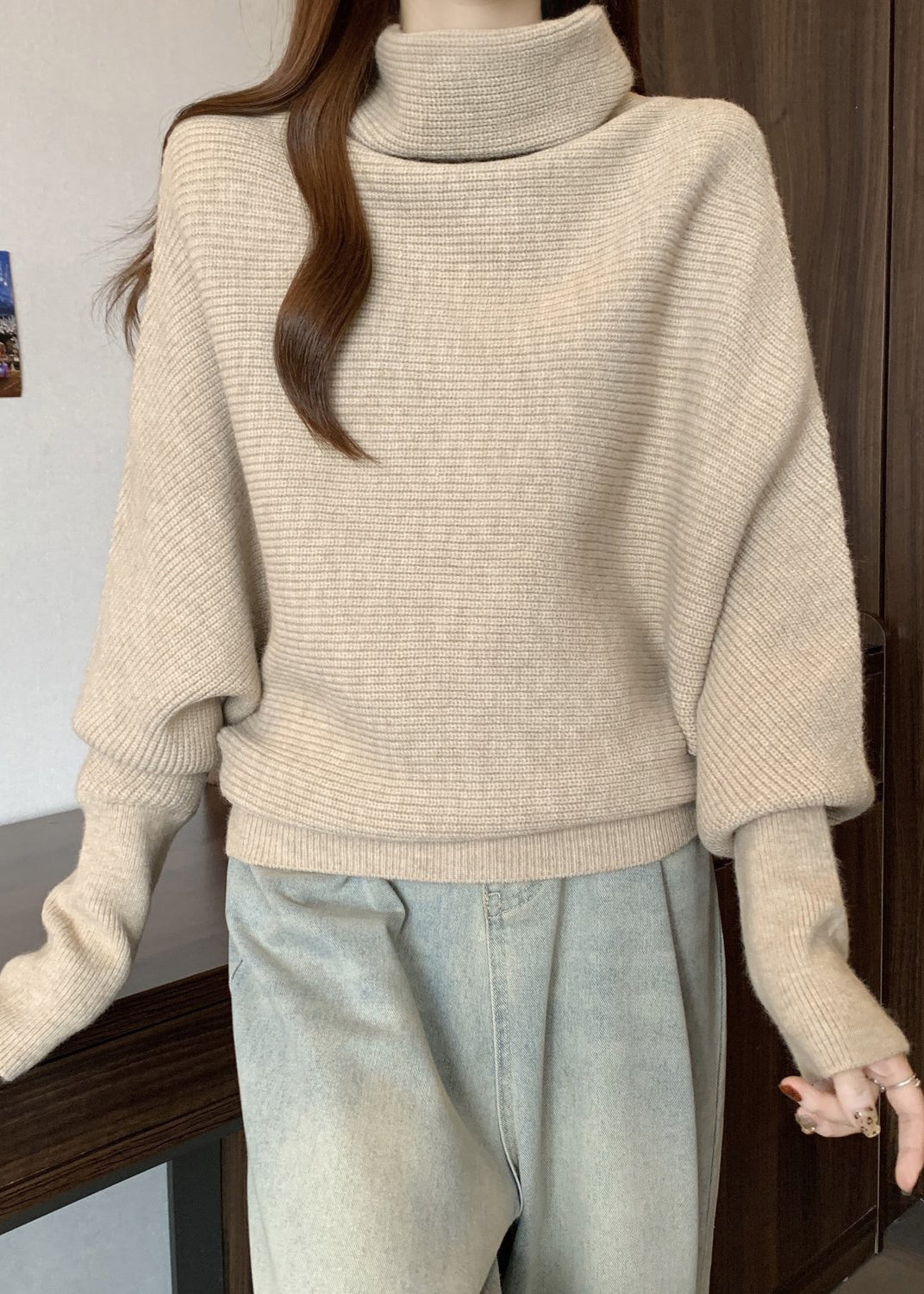 Women Apricot Turtleneck Thick Knit Sweater Winter