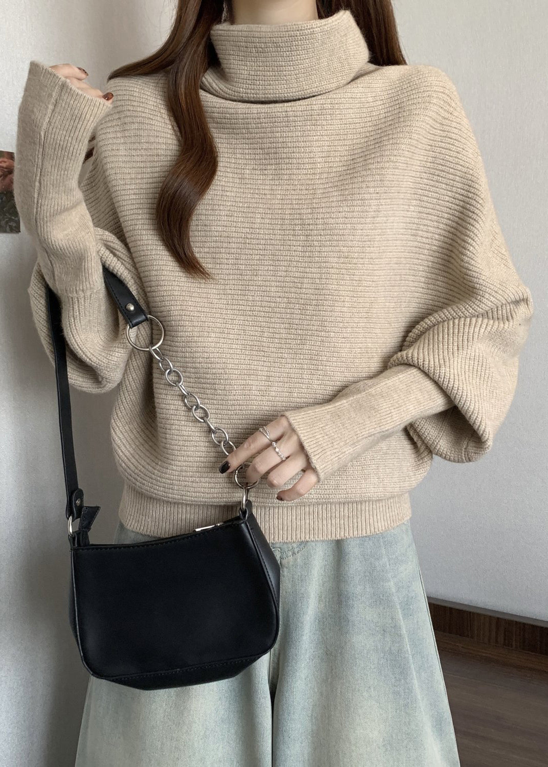Women Apricot Turtleneck Thick Knit Sweater Winter